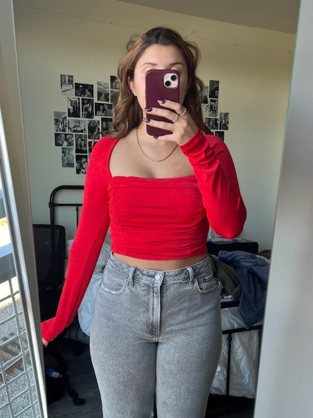 Princess Polly Red Ruched Long Sleeve Crop Top Size 6 Square Neck Going Out